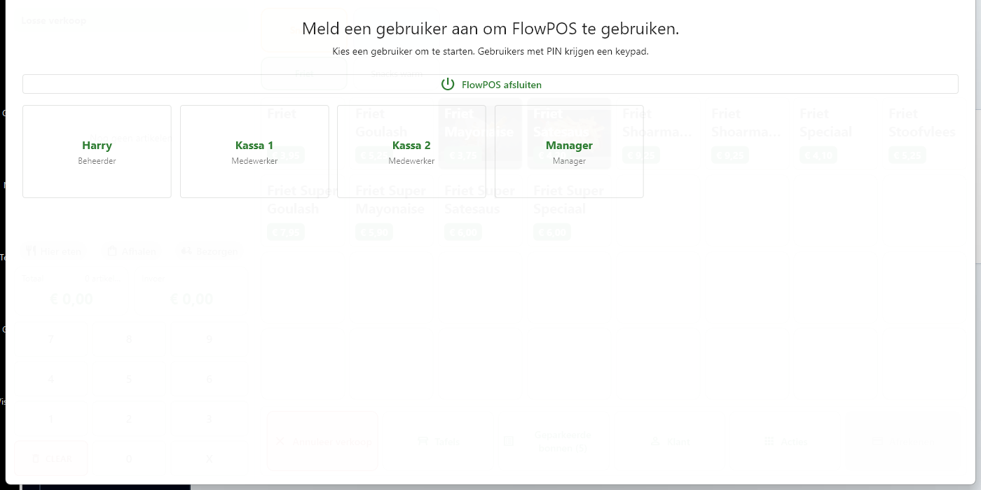 Het aanmeldscherm van FlowPOS met vier gebruikers naast elkaar, elk met hun eigen naam en rol.