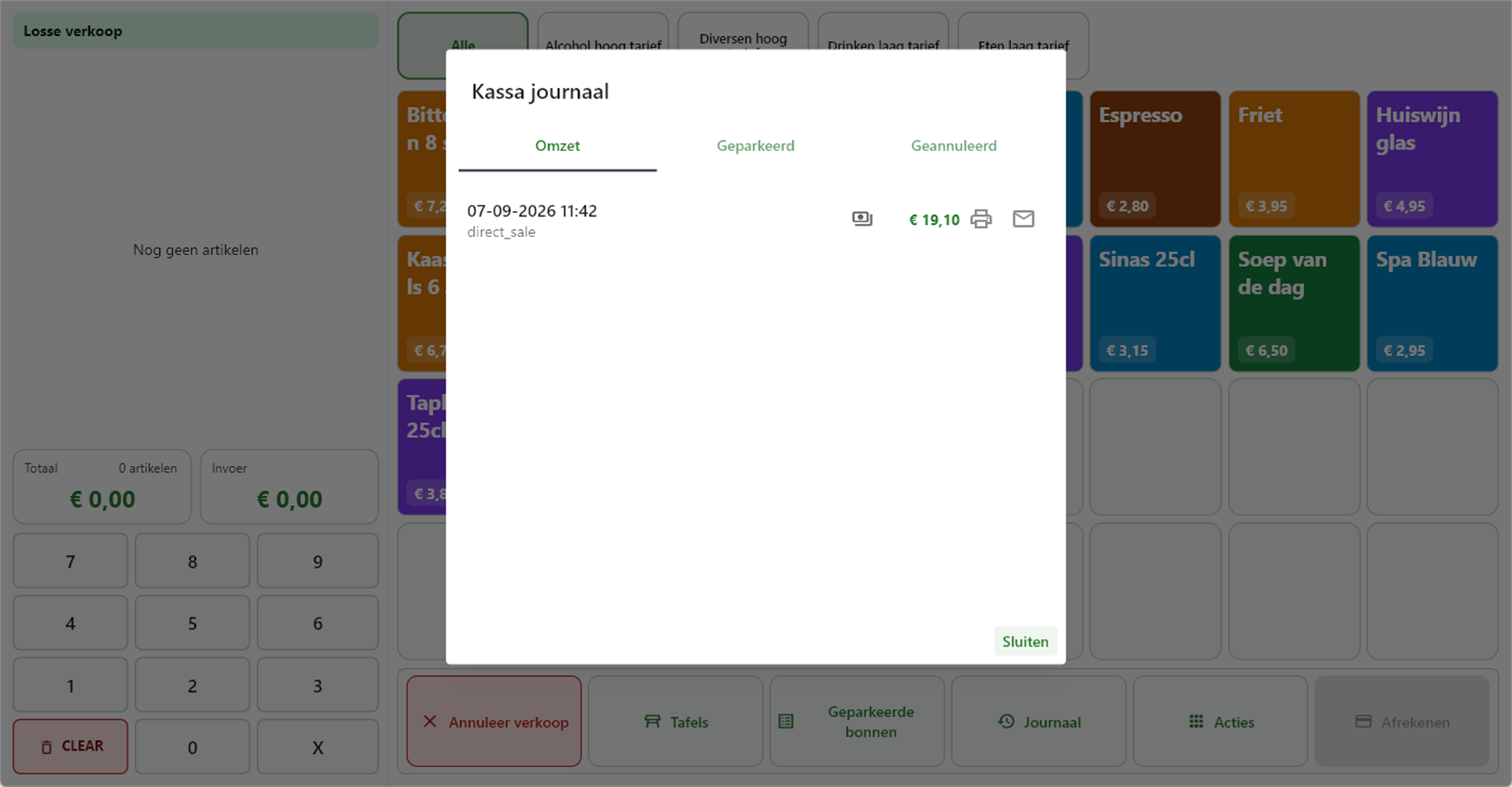 Het bonnenregister van FlowPOS met een lijst eerdere verkopen, met tijdstip en bedrag per bon.