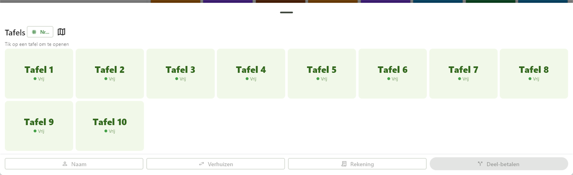 Het tafeloverzicht van FlowPOS met tafels naast elkaar, waarbij bezette tafels het openstaande bedrag tonen.