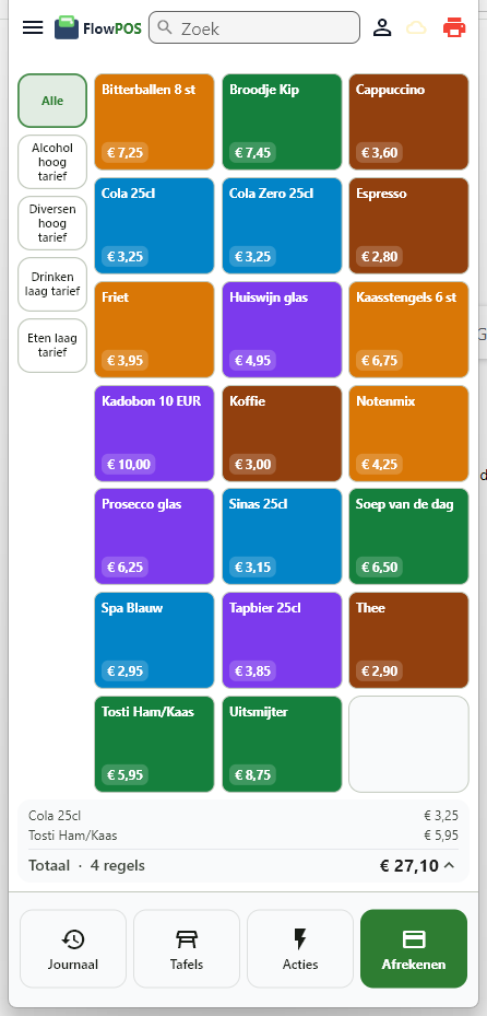 FlowPOS in compacte weergave op een smal scherm: gekleurde artikelknoppen met prijs, onderin de lopende bon met het totaal en knoppen voor journaal, tafels, acties en afrekenen.